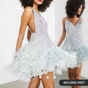 ASOS EDITION Sequin Cami Mini Dress Size 4 Faux Feather Hem Flapper Dress